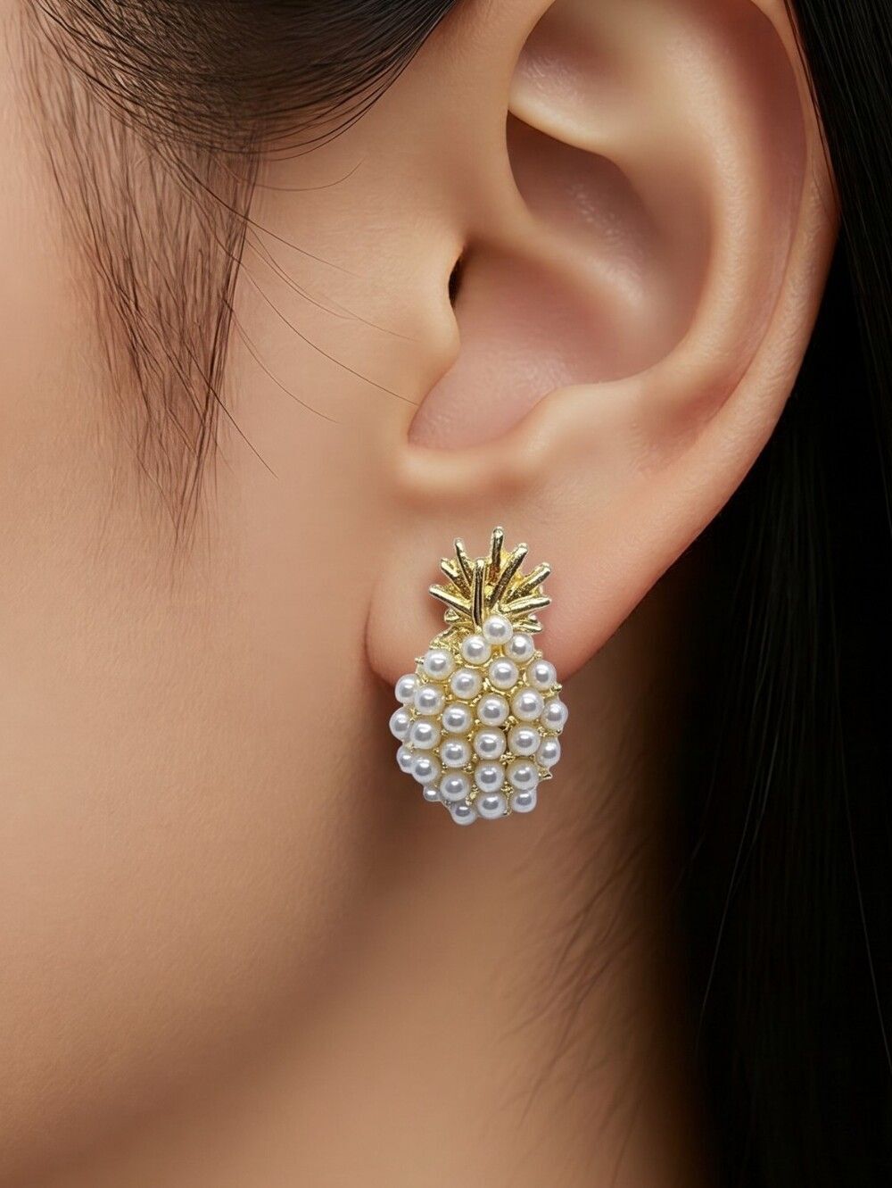 Gold Pearl Pave Pineapple Stud Earrings Tropical Pearlcore Minimalist Jewelry
